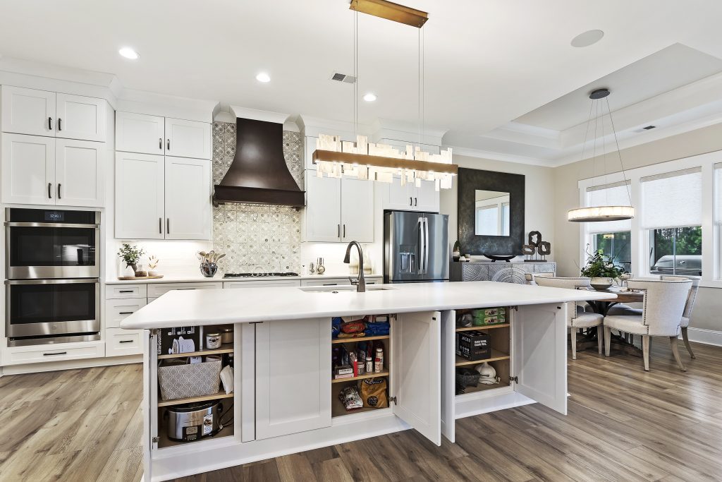 custom white kitchen island with storage in Margaritaville, SC new construction