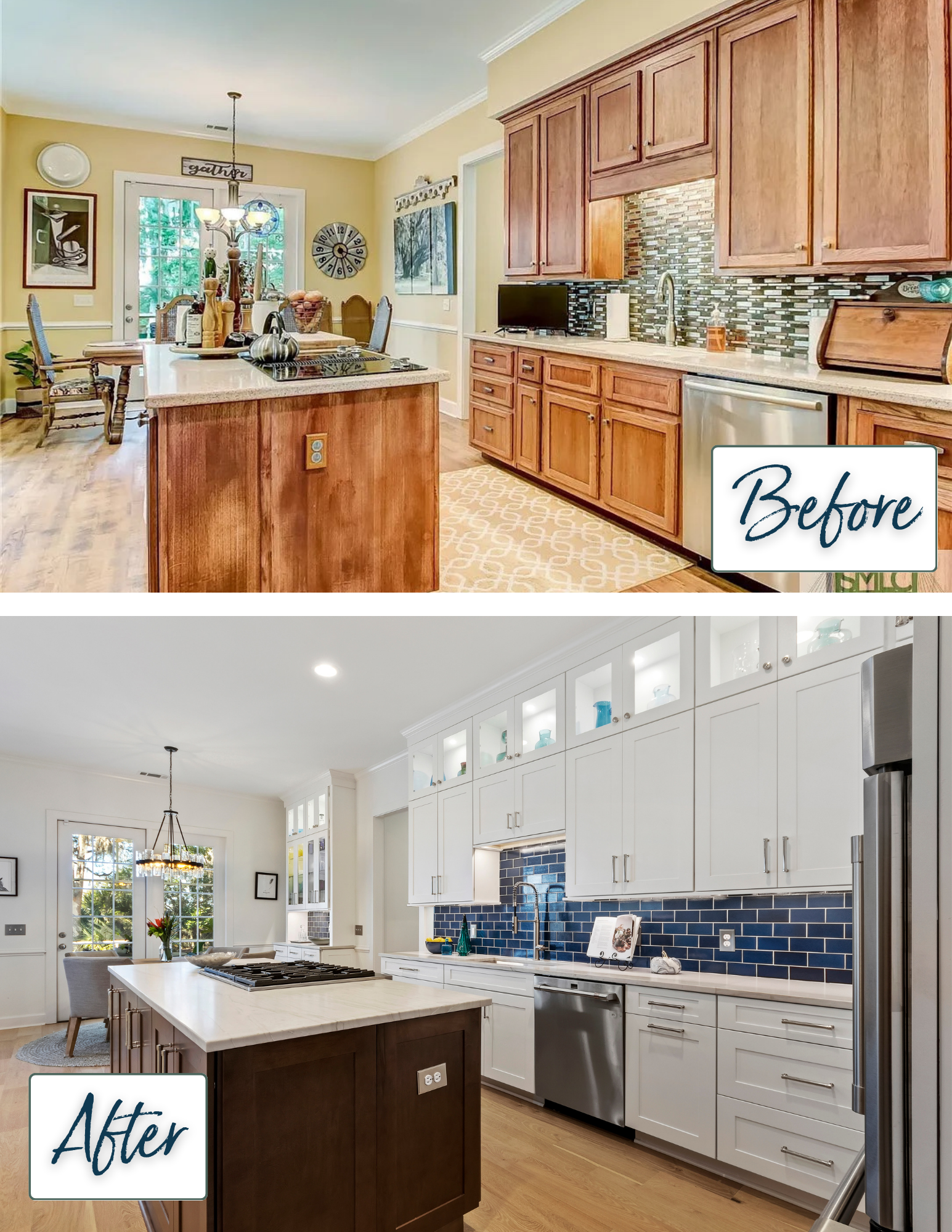 before and after photos of blue and white kitchen remodel in savannah, ga