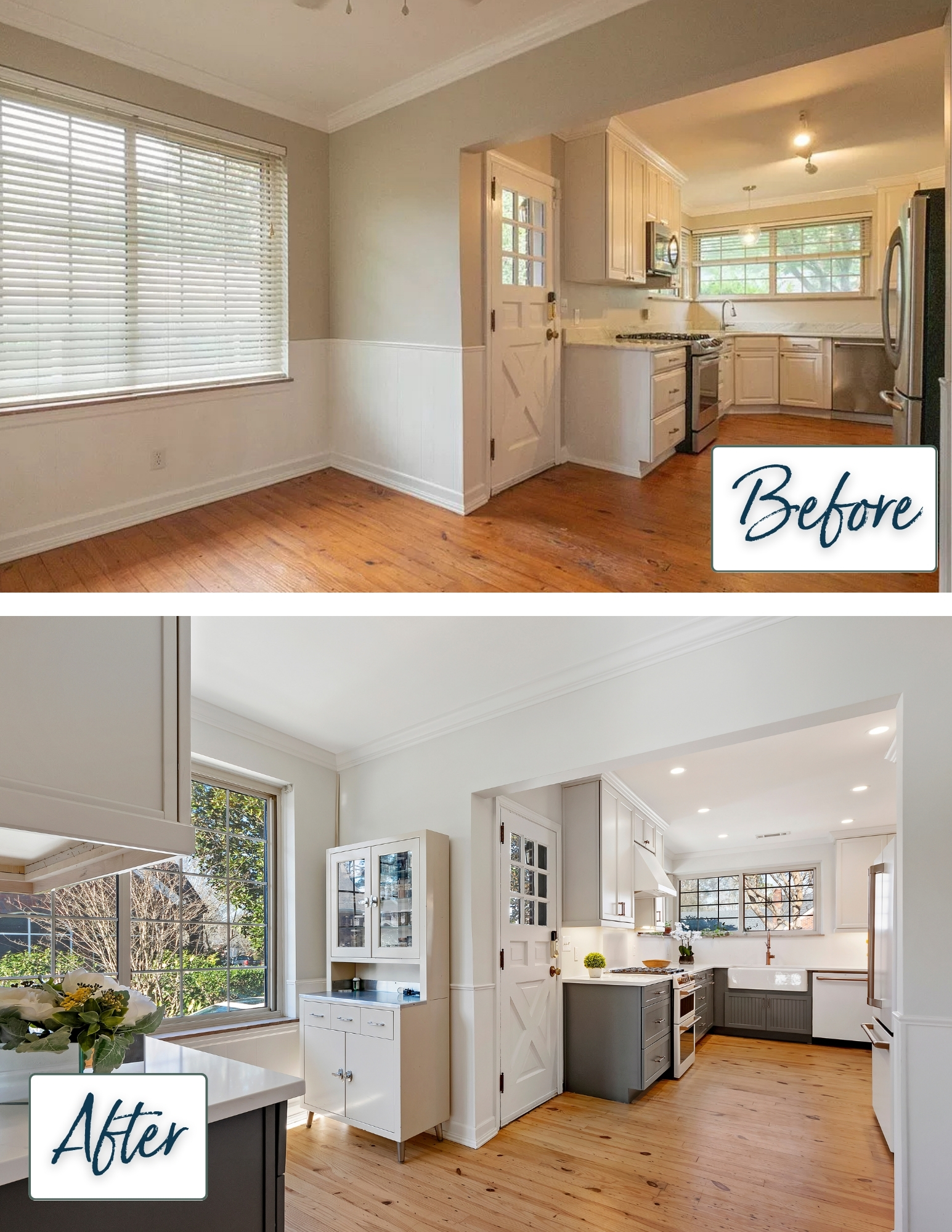 Before and after kitchen renovation photos with Mid-Century Modern design in Savannah, GA
