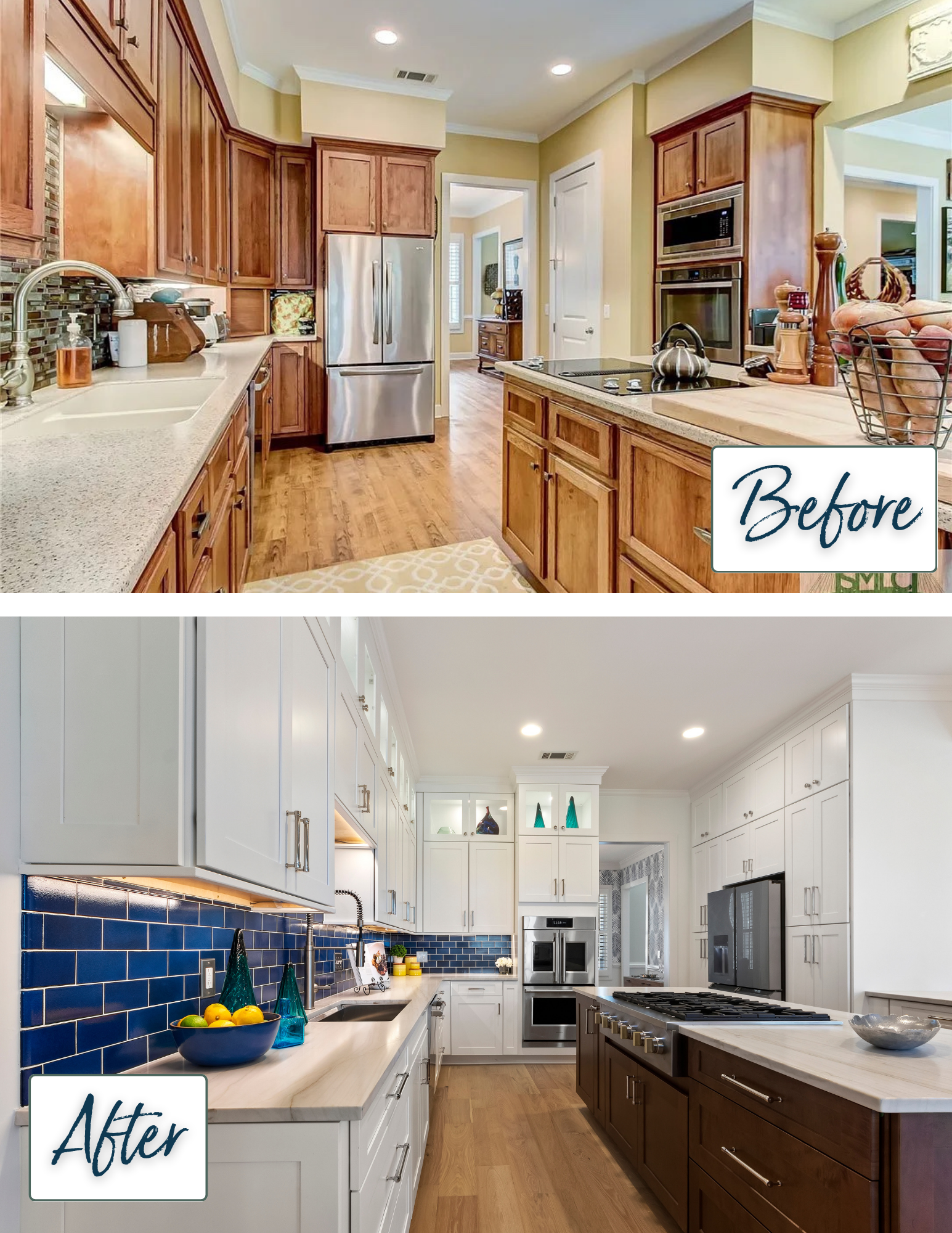 before and after photos of blue and white kitchen remodel