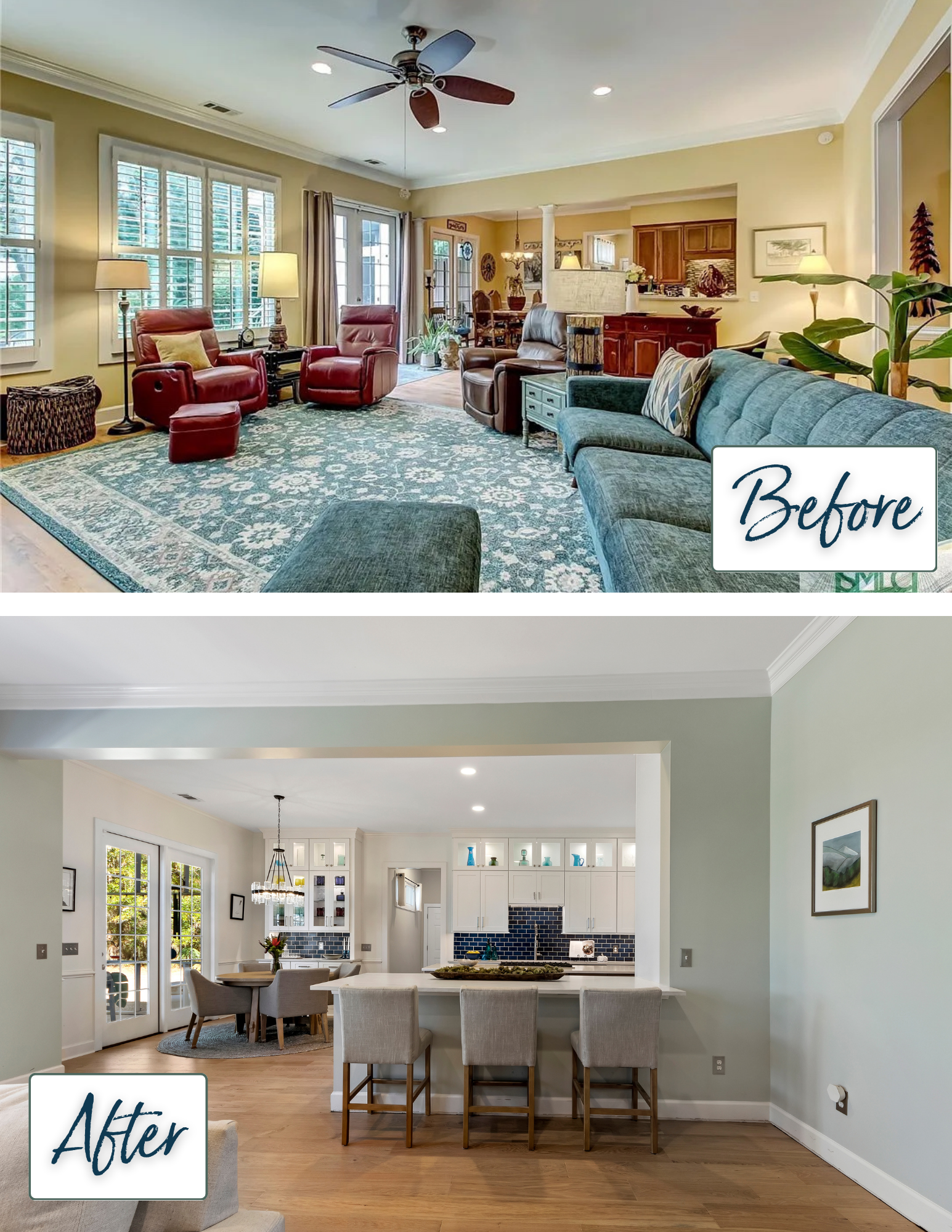 Before and after photos of blue and white modern kitchen and living room remodel